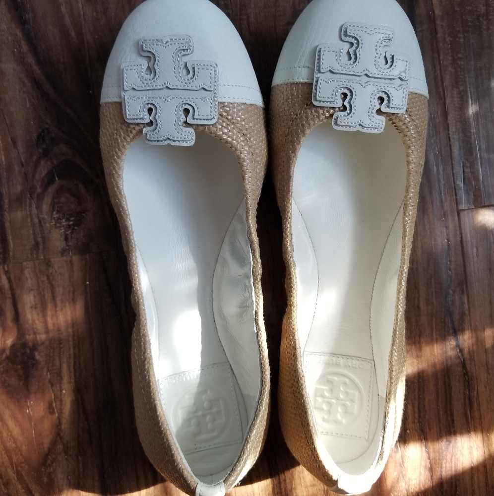 Tory Burch Tan Leather Straw Woven Big Logo